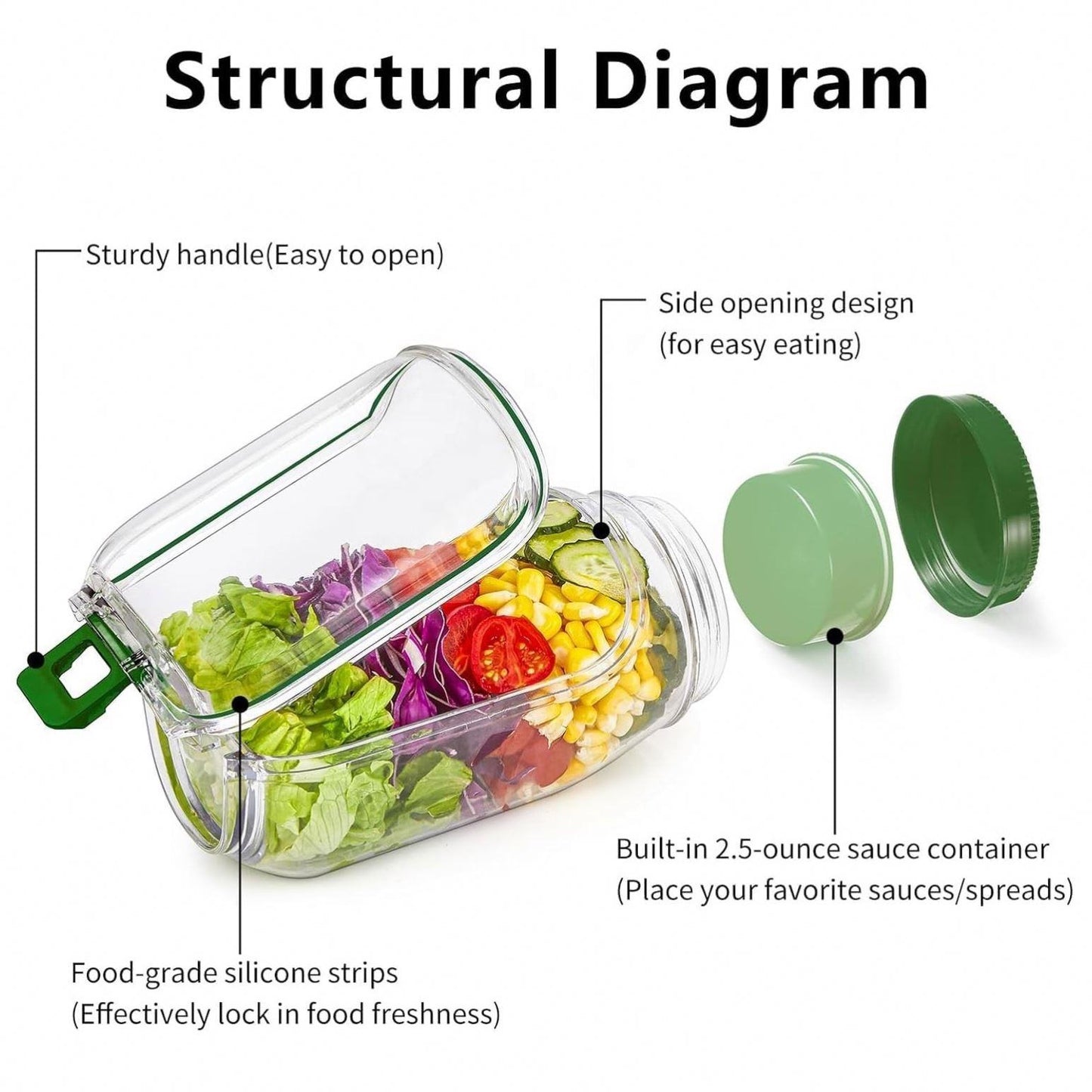 Salad Pod Side Open Jar with Leak-Resistant